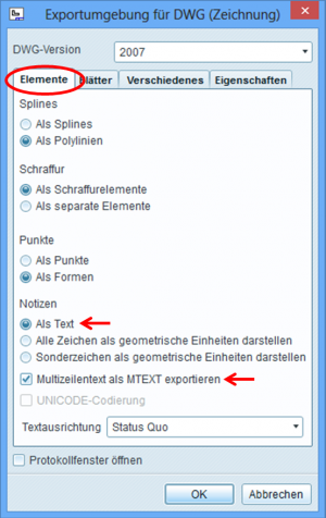 Menü „Exportumgebung für DWG“ (identisch mit „Exportumgebung für DXF“)