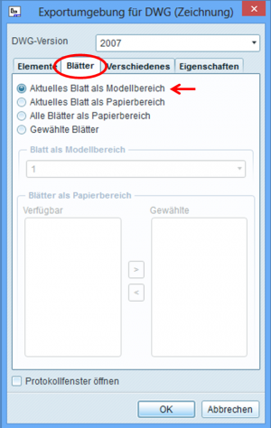 Menü „Exportumgebung für DWG“ (identisch mit „Exportumgebung für DXF“)