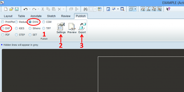 "Settings" in the menu, choose "DWG" or "DXF"