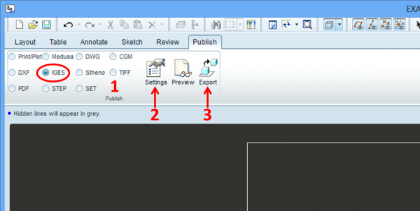 Menu item "Publish", choose "IGES"