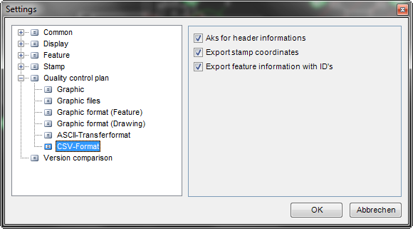 Extras/Optionen/Prüfplan/CSV-Format