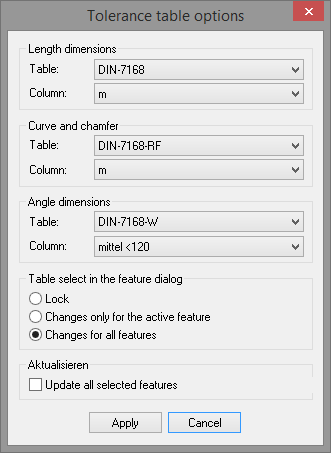 Tolerance table options 